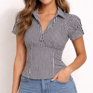Studio F Black and White Button-up Striped V-neck Short-sleeve Blouse